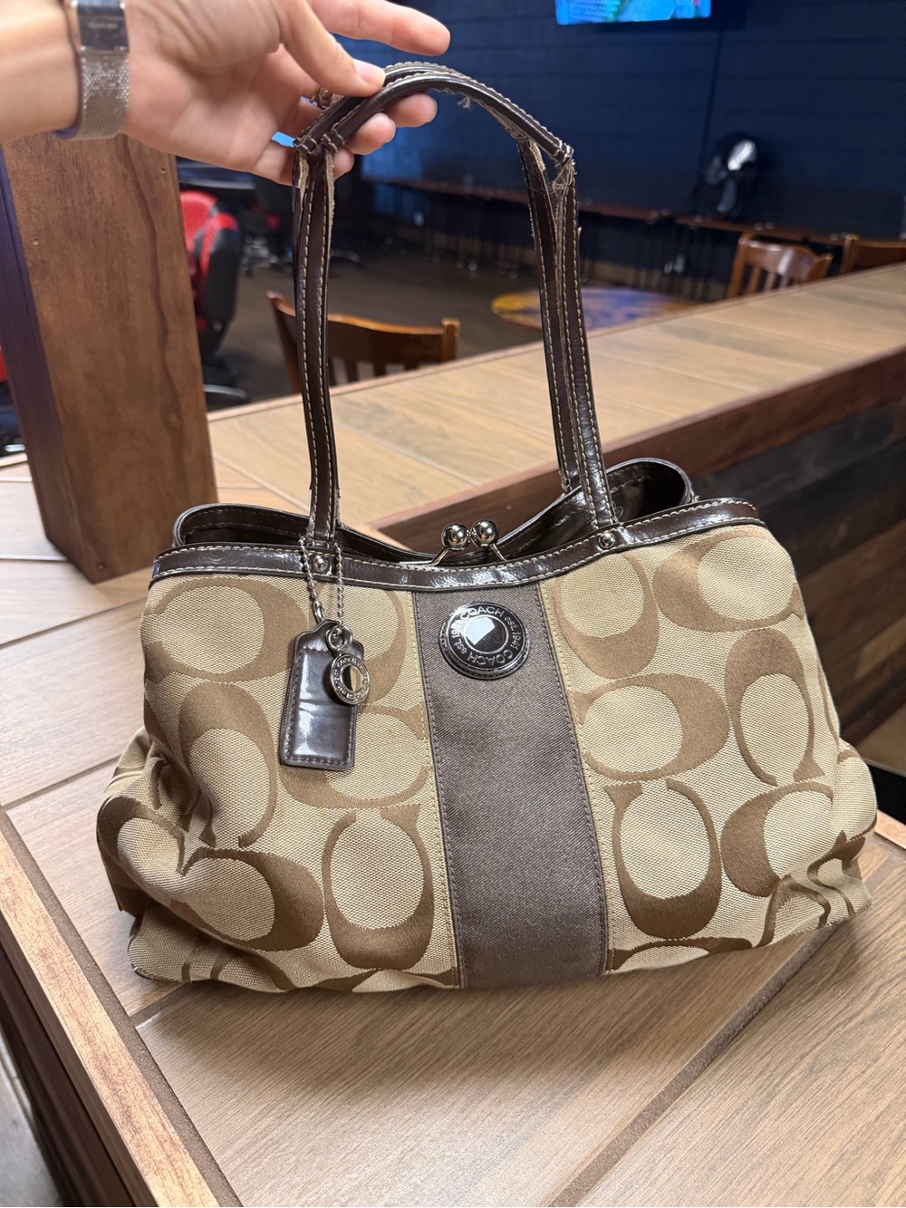COACH F13533 Signature Kiss Lock Tote Bag Hand bag Canvas Leather Vintage y2k